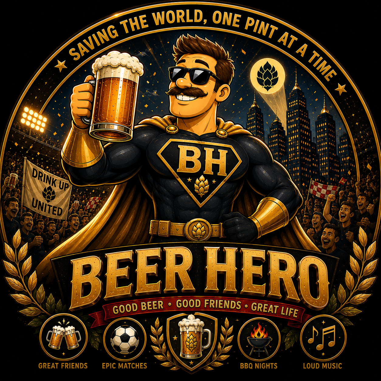 Moustached Beer Hero raising a pint