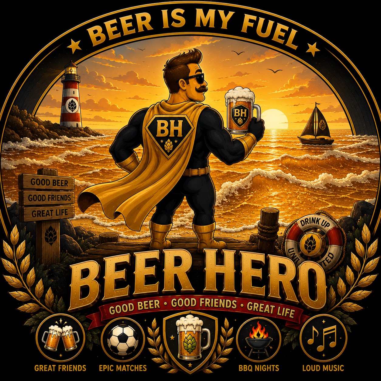 Beer Hero overlooking a golden beer sea