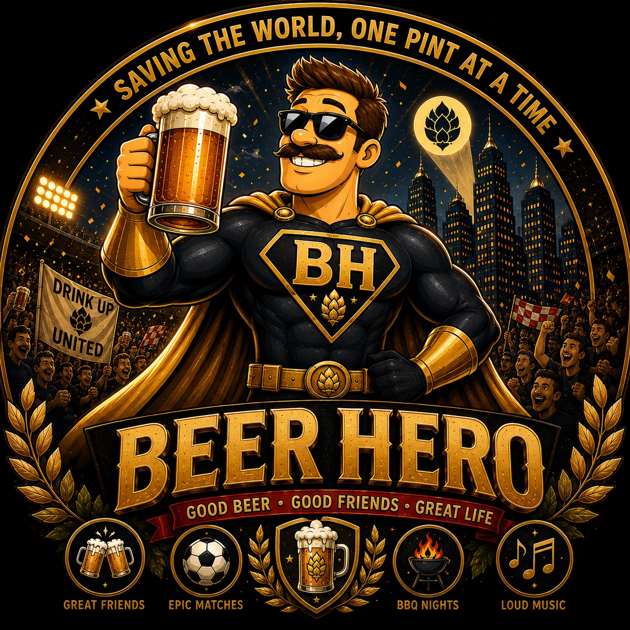 The moustached Beer Hero raising a pint above a city celebration
