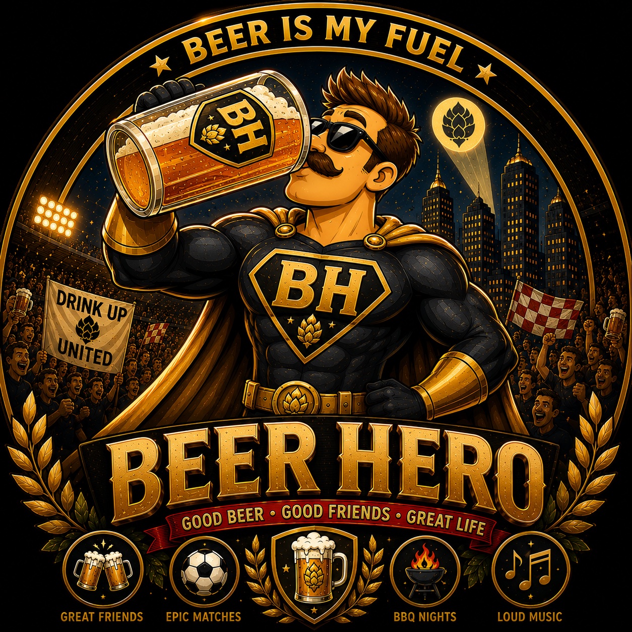 Beer Hero taking a heroic drink from a giant pint