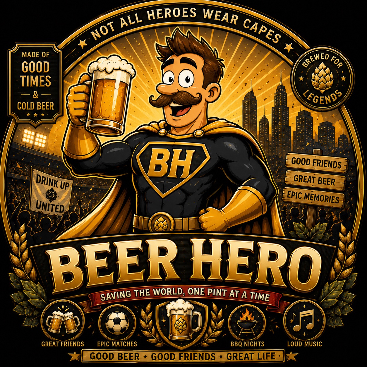 Cartoon Beer Hero with his signature moustache