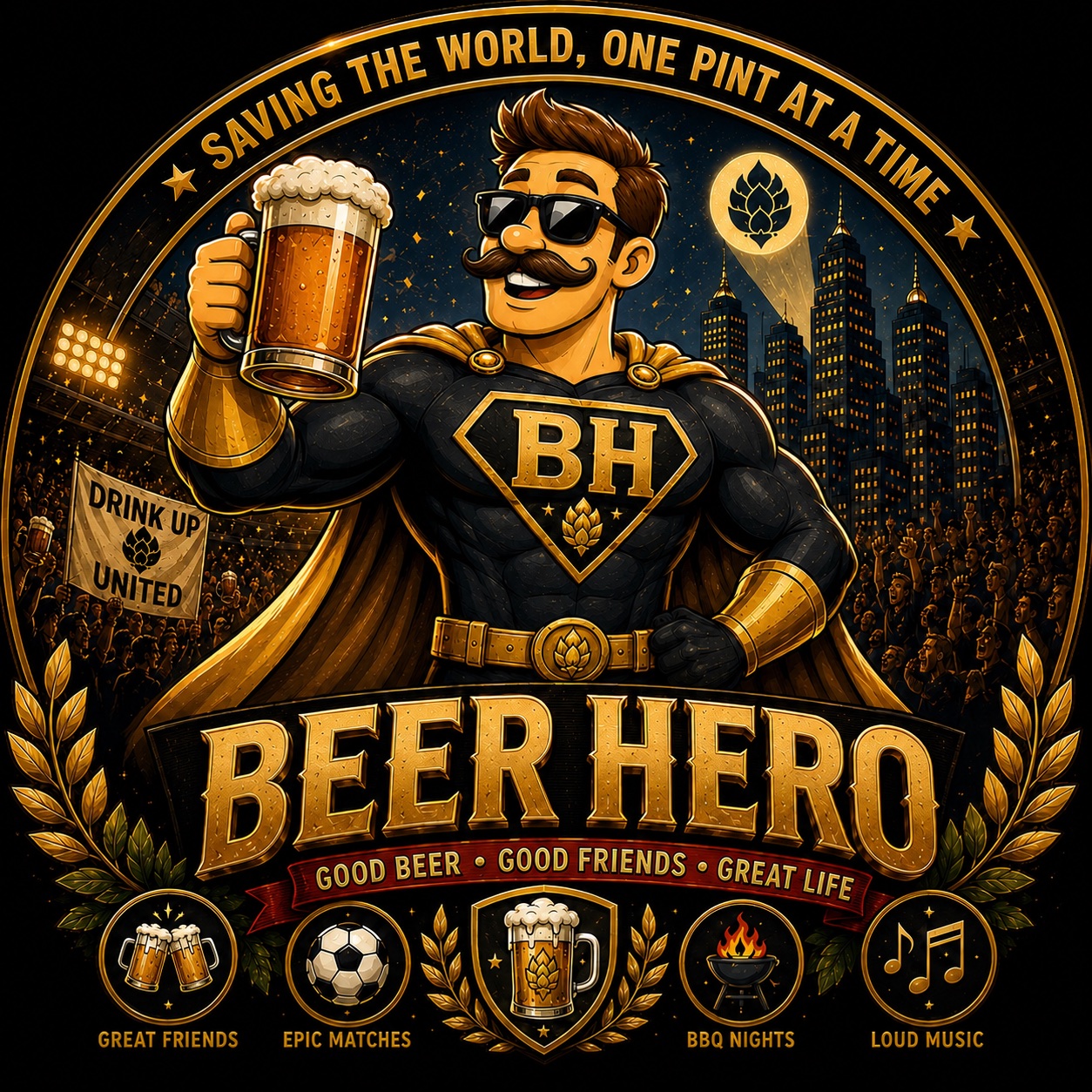 Moustached Beer Hero celebrating with a city crowd