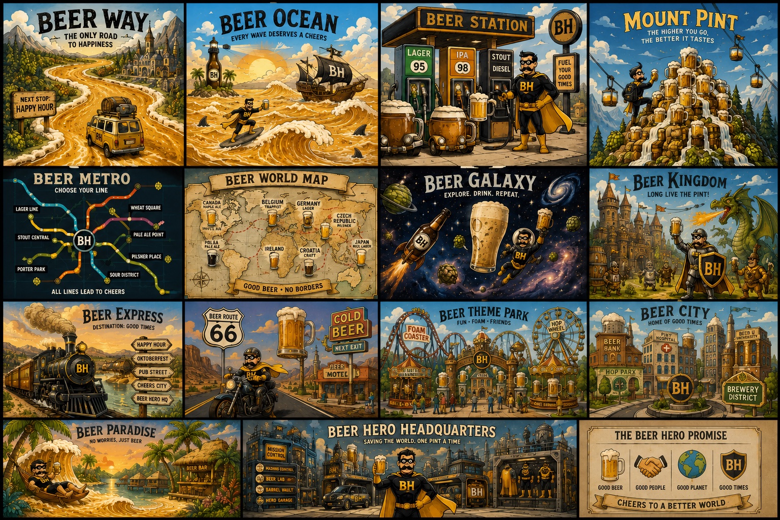 Beer World Atlas featuring fifteen illustrated Beer Hero worlds, with every Hero wearing the signature moustache